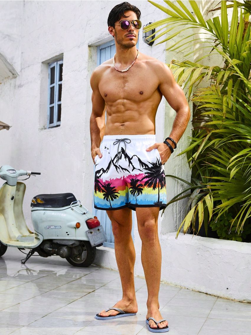 Men'S Landscape Print Drawstring Beach Shorts