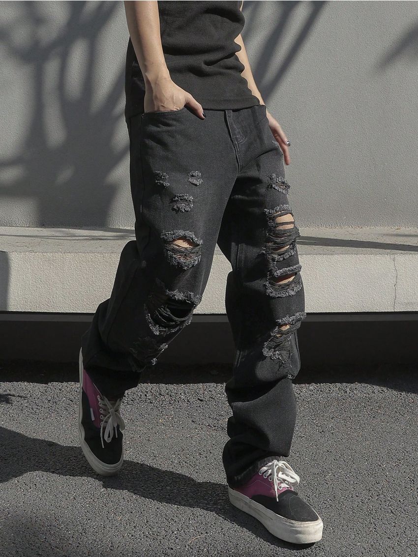 Men's Straight Leg Jeans With Distressed Design