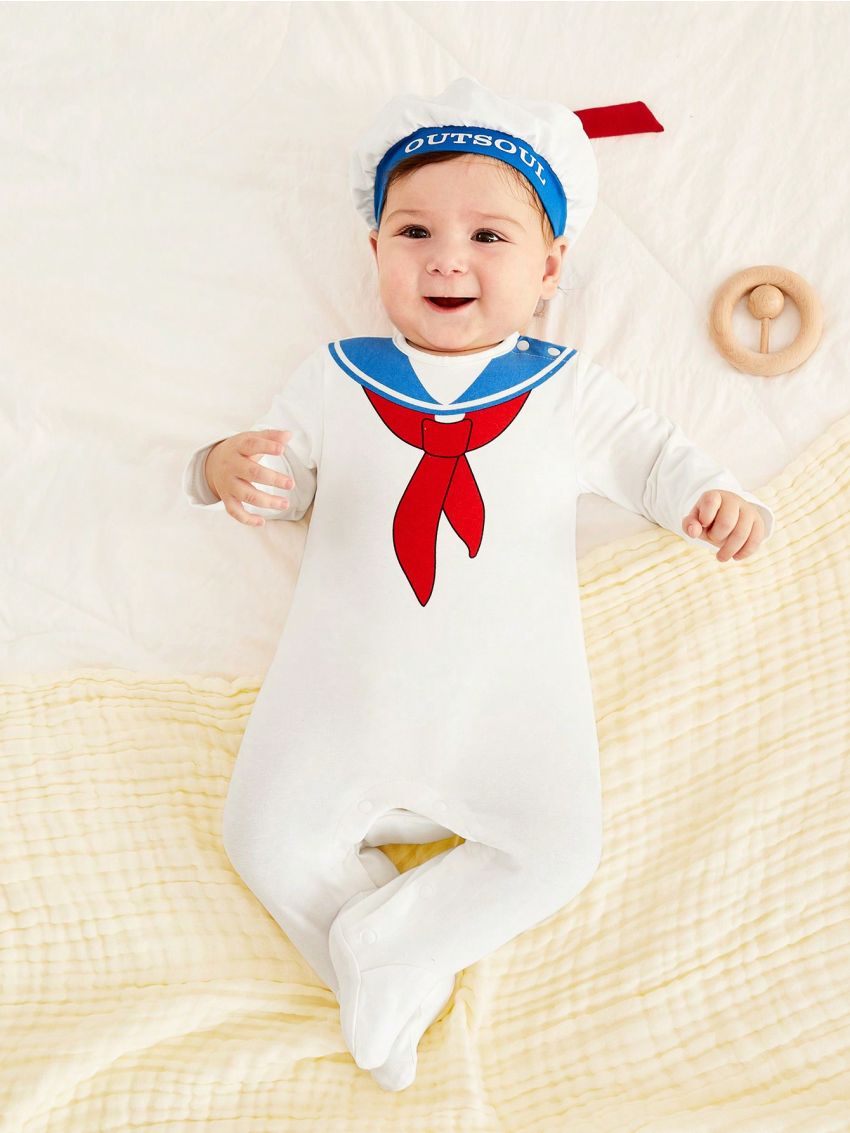 SHEIN Newborn Baby Boys' Sailor Collar Flower Printed Long Sleeve Footed Romper With Hat 2pcs/set