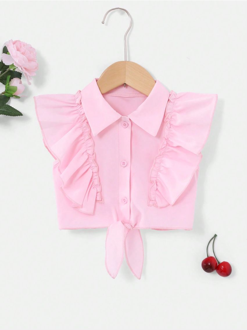 Baby Girl's Fashionable Pink Sleeveless Blouse With Pleated Flounce Hem And Tie Straps
