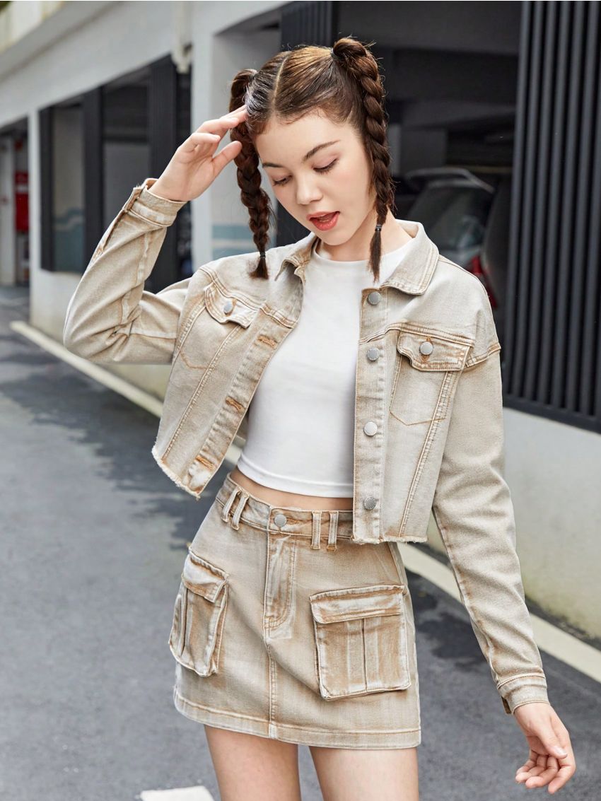 SHEIN Teen Girls' Casual Loose Fit Long Sleeve Turn-Down Collar Denim Jacket