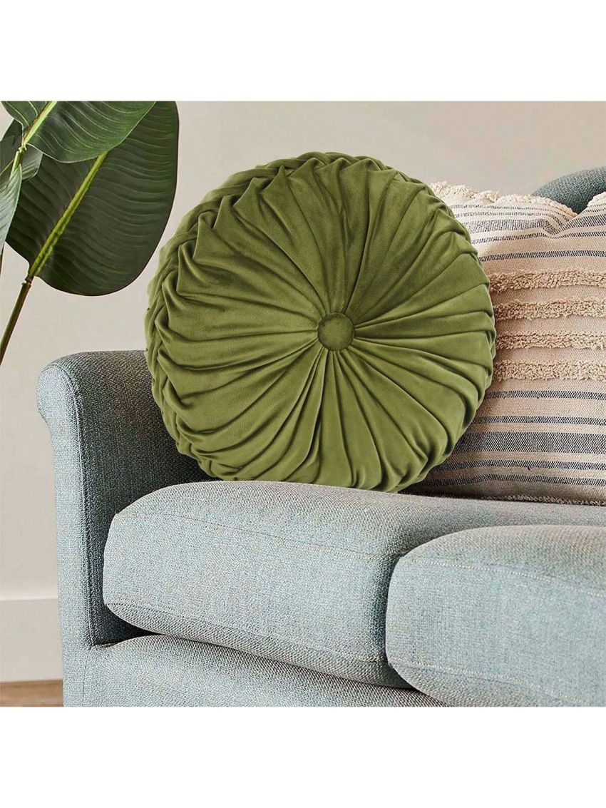 Set of 2 Decorative Round Pleated Throw Pillows, Classy Accent Pumpkin Throw Pillows with Center Button, Vintage Velvet Floor Pillow for Sofa Couch Vanity Chair Bed, 14.5