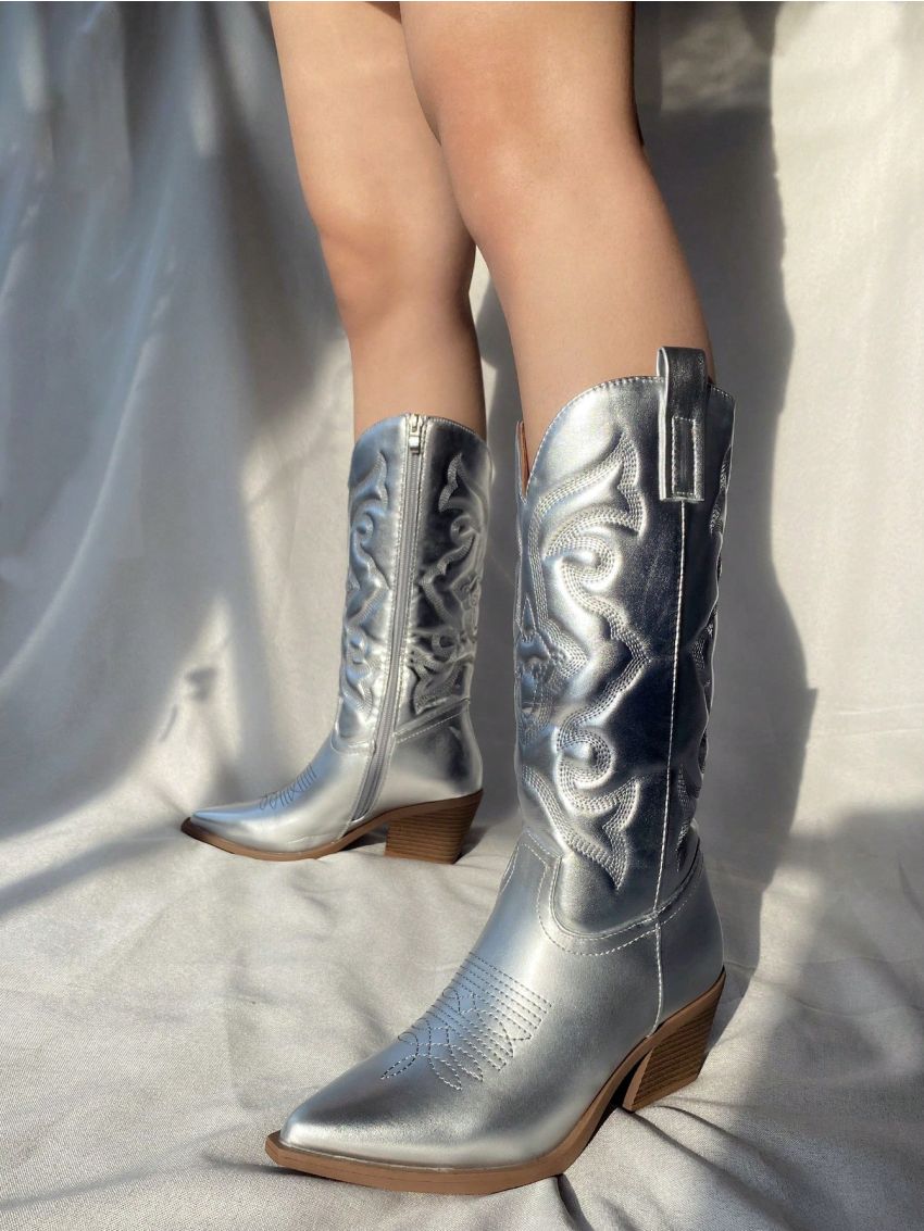 Women's Embroidery Design Anti-slip Thick Heel Cowboy Boots With Pointed Toe, Fashionable Side Zipper Outdoor Boots For Parties And Holidays In Spring And Autumn