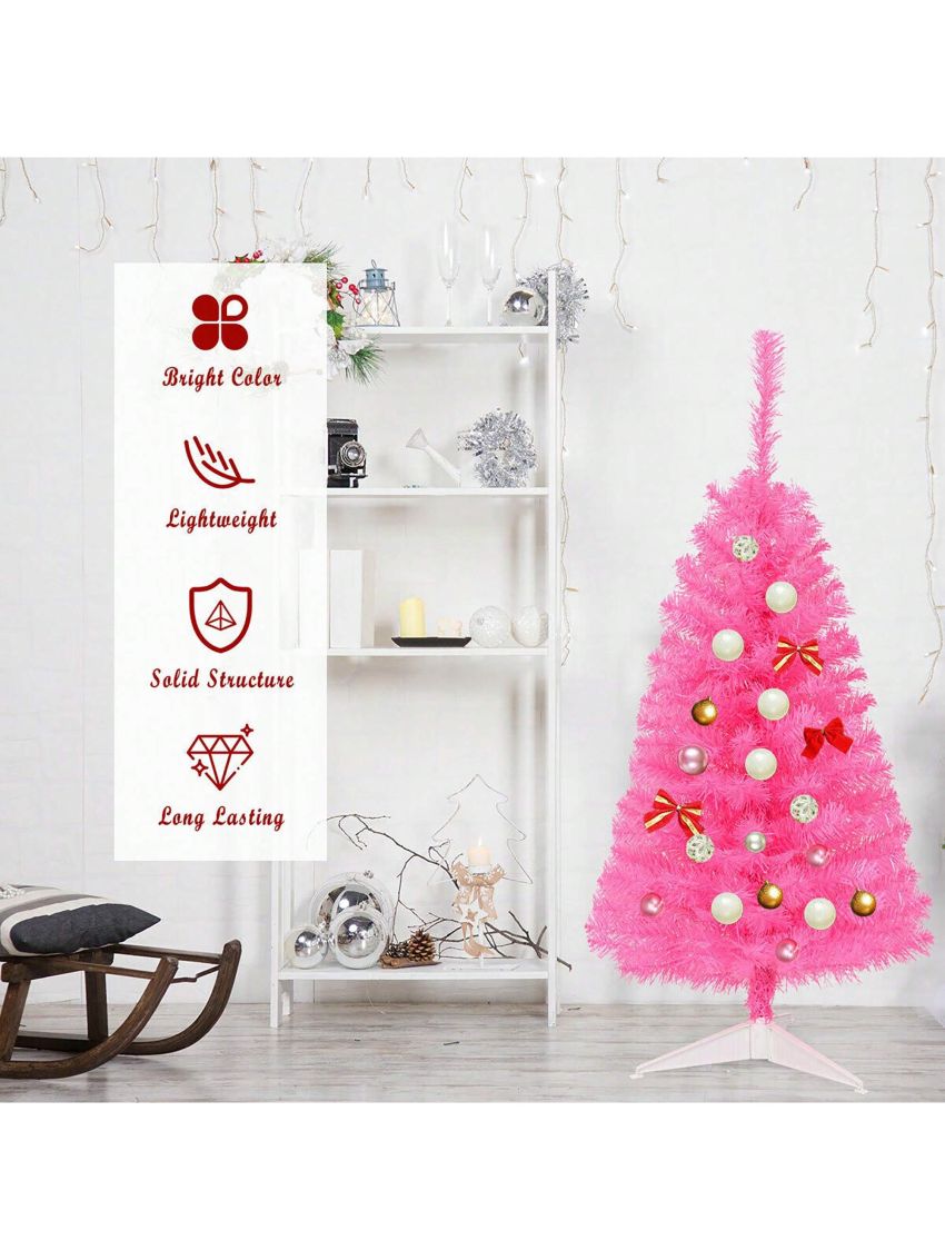 Costway 3 ft Premium Artificial Christmas Mini Tree Holiday Season Pink w/ Plastic Stand