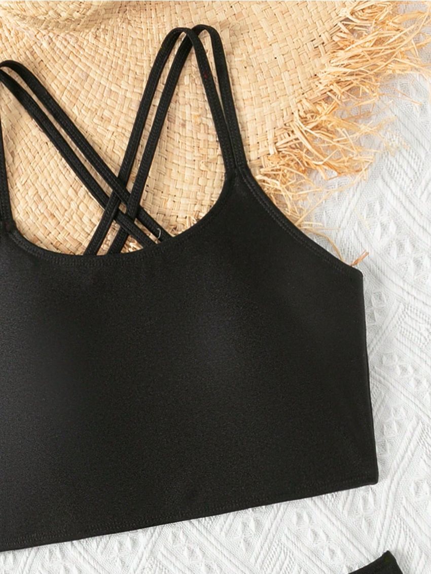 Junior Girls' Solid Color Halter Neck Bikini, Sleeveless Crop Top Design