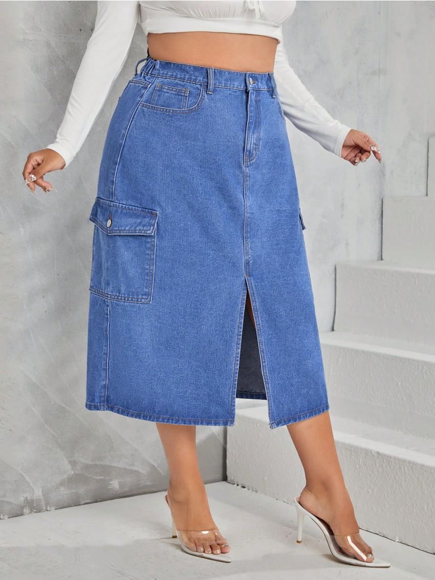 SHEIN SXY Plus Flap Pocket Split Thigh Denim Skirt
