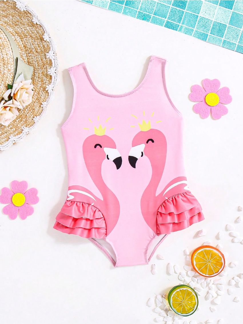 SHEIN Baby Girl Casual Cute Cartoon Pattern Ruffle Trim Sleeveless Swimsuit