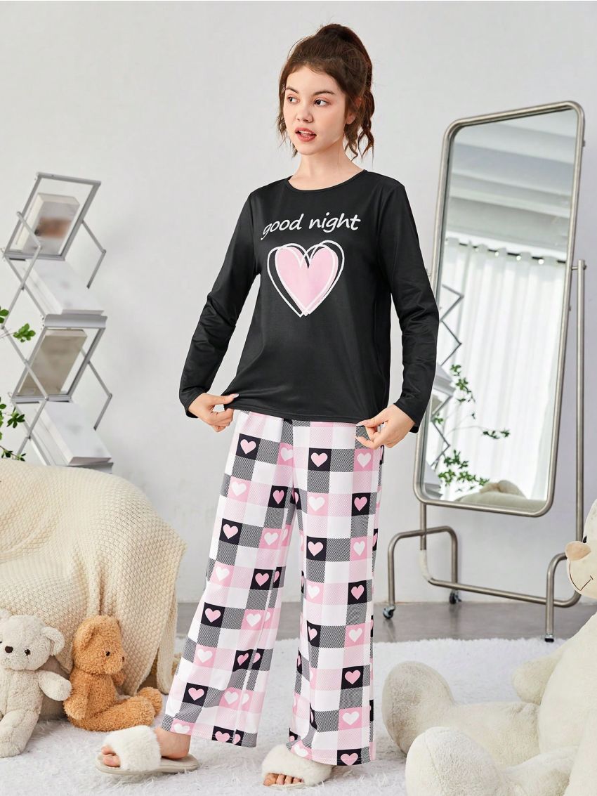 SHEIN Teen Girls' Knitted Heart Slogan Pattern Round Neck T-Shirt And Long Pants Set