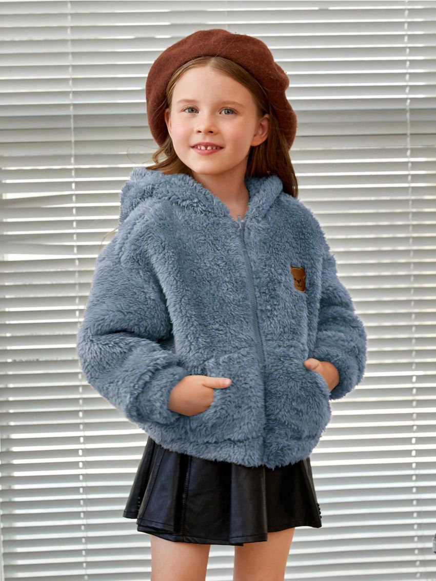 SHEIN Little Girl's Bear Patch Plush Hooded Loose Casual Jacket