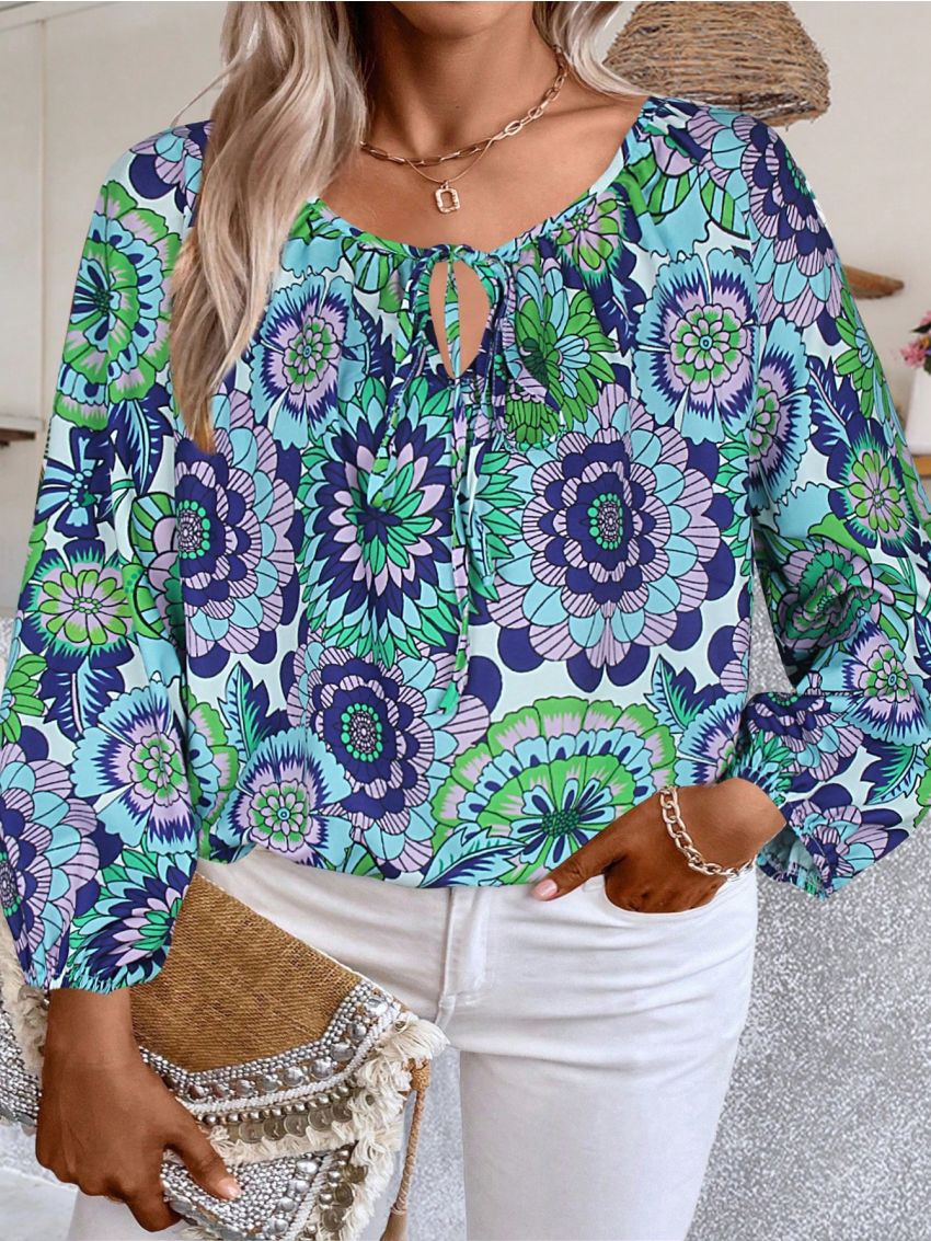 Plus Size Women's Floral Printed Tie Neck Blouse