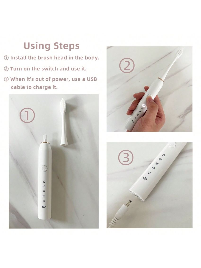 1pc Electric Toothbrush With 6 Replacement Brush Heads, Usb Rechargeable, 5 Cleaning Modes, Including Bathroom Wall-mounted Toothbrush Holder, Travel Toothbrush Head Caps (portable Protective Caps), Sonic Smart Toothbrush Ipx7 Waterproof, Whitening