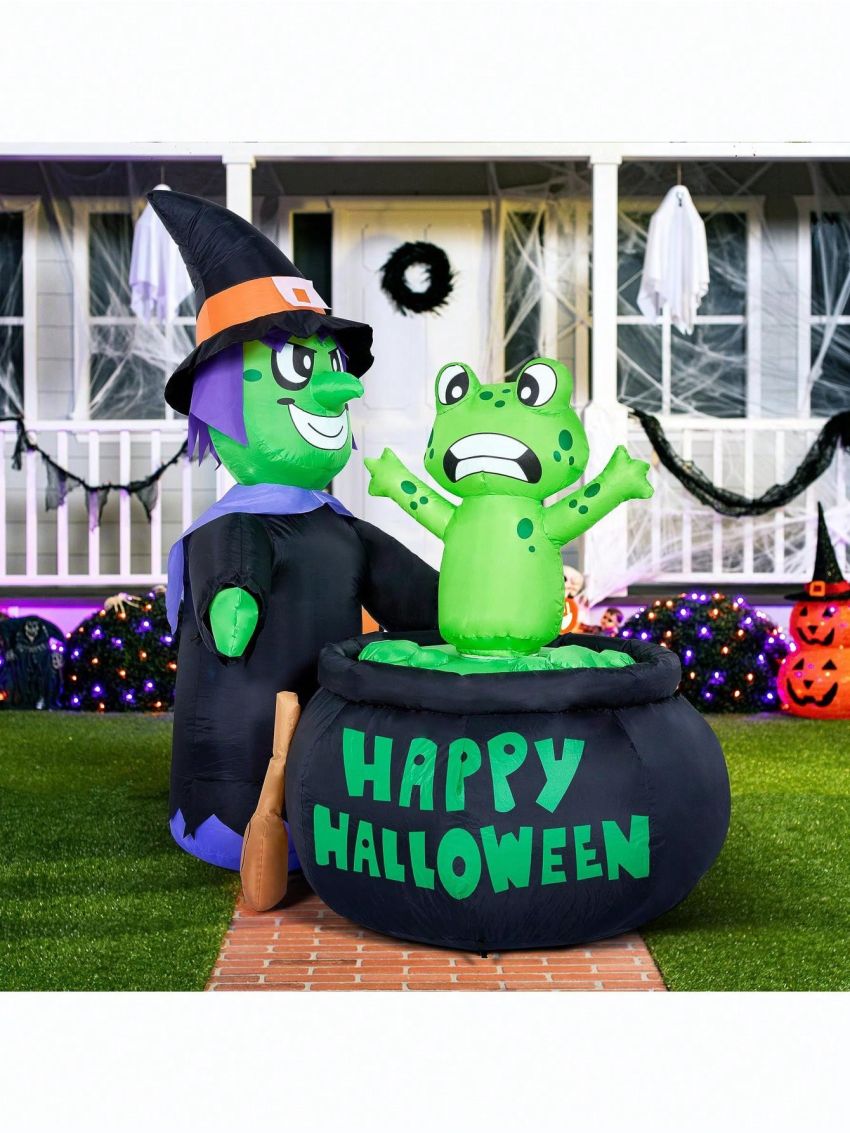 Joiedomi 5 ft Tall Halloween Inflatable Witch with Frog and Cauldron, Animated Witch Cooking Spinning Frog, Blow Up Inflatable with Build-in LEDs for Outdoor Yard Garden Party Holiday Decoration