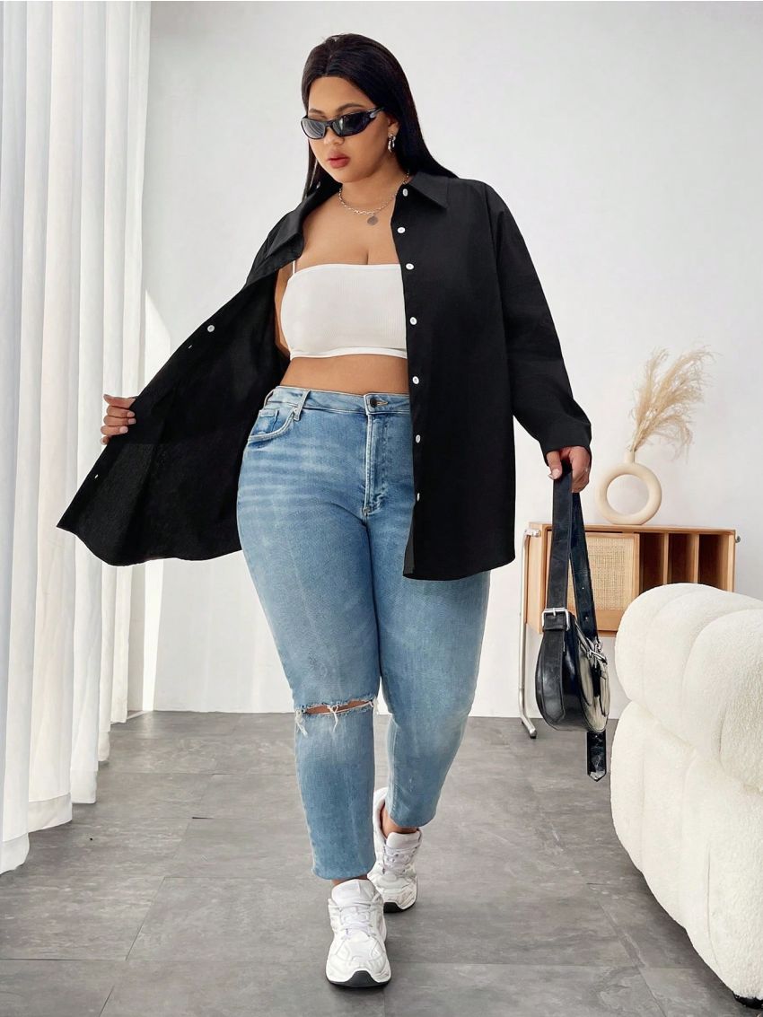 SHEIN CURVE+ Plus Size Ladies' Solid Color Back Letter Print Shirt