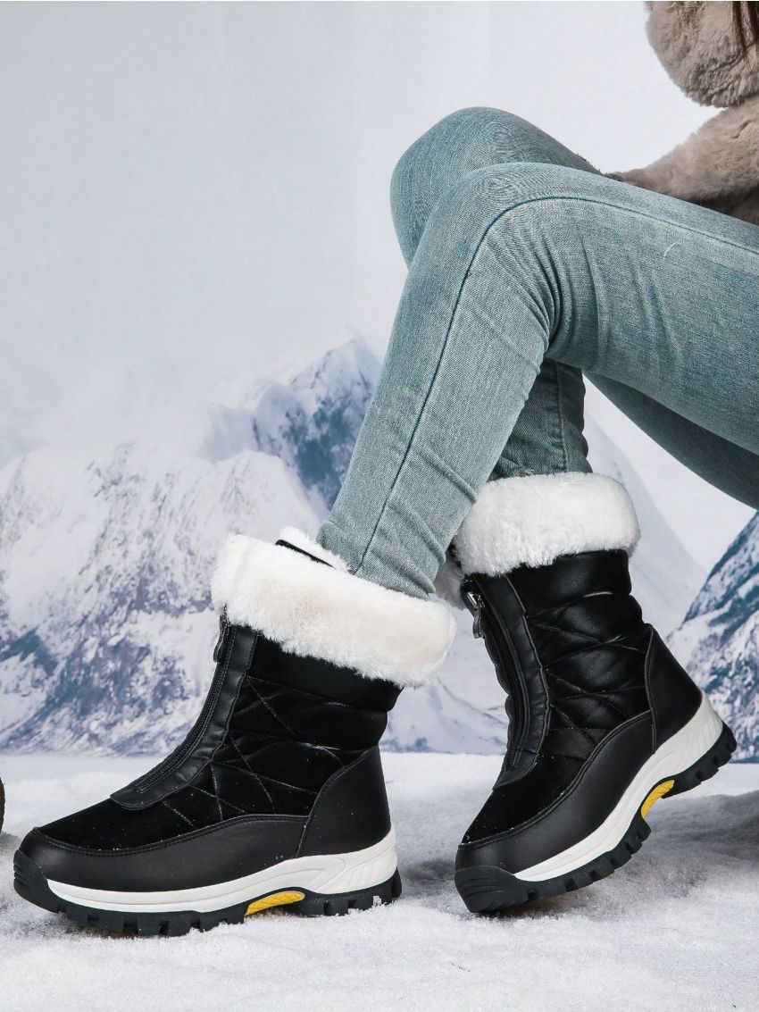 Black Zipper Mid-calf Boots With Warm Lining, Suitable For Outdoor Hiking