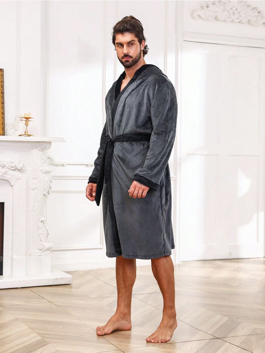 Men Contrast Trim Belted Sleep Robe