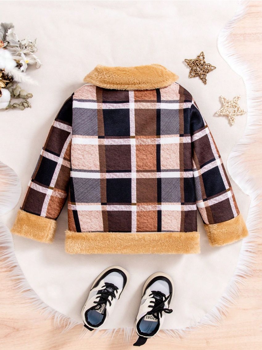 SHEIN Kids SUNSHNE Little Girls' Khaki Woolen Coat With Plush Splicing And Long Sleeves