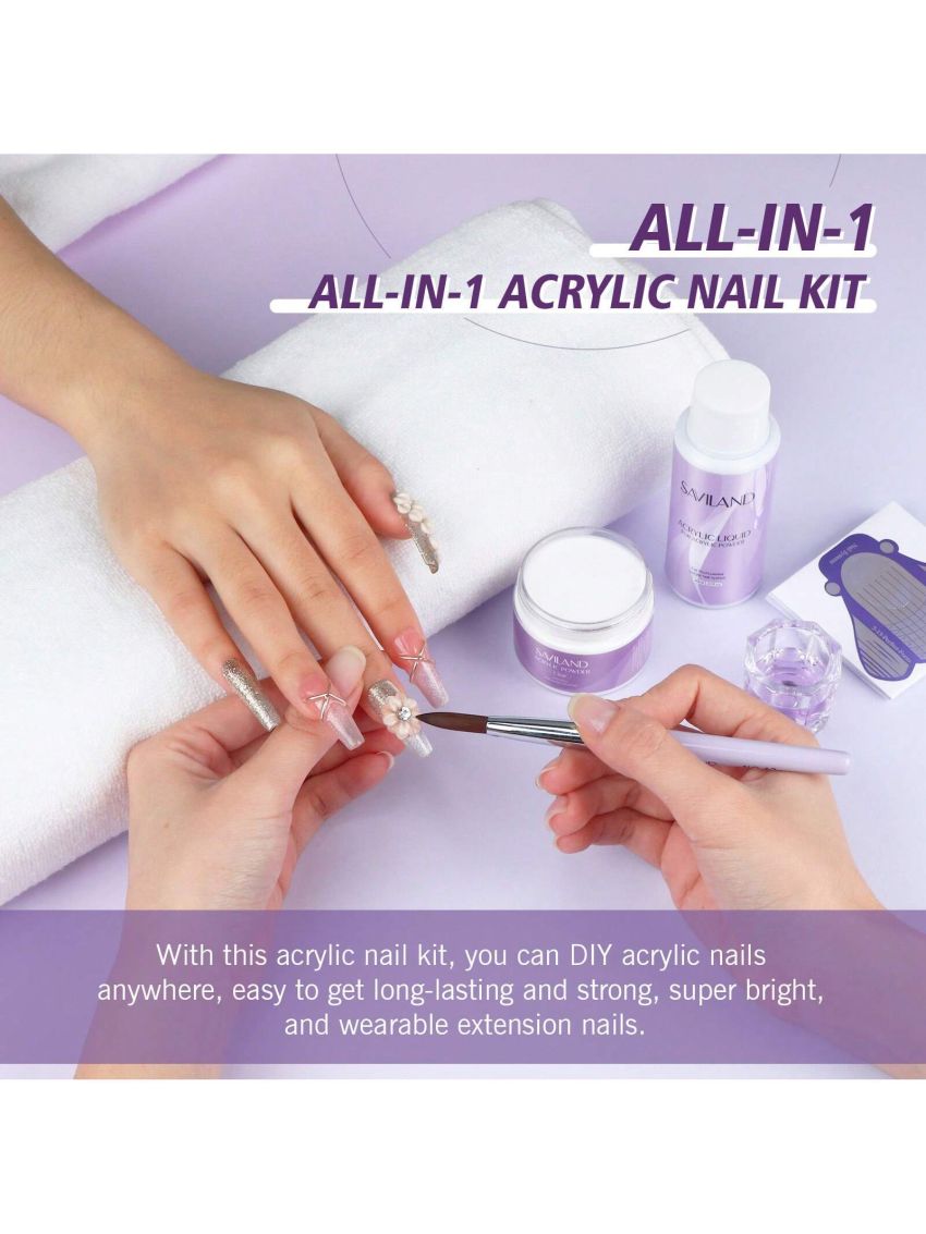 Saviland Acrylic Nail Kit – 30g Clear Acrylic Powder and 60ml Acrylic Liquid Set with Acrylic Nail Brush Nail Forms Tools Set Extension Nail Kit for Beginners with Everything for Home DIY Salon Acrylic Nails Application
