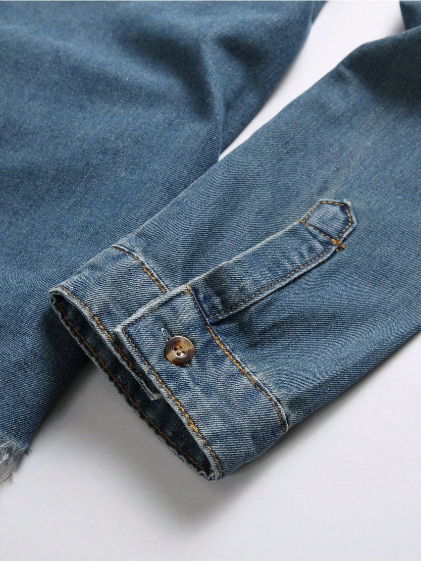 Manfinity Men Ripped Flap Pocket Denim Shirt Without Tee