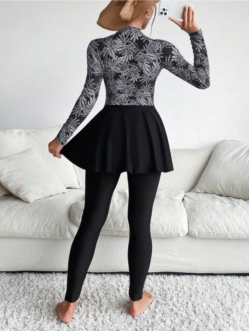 SHEIN Swim Mulvari Zipper Front Full Body Bikini Swimsuit With Long Sleeve