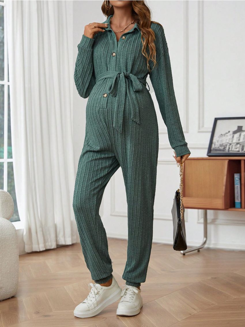 SHEIN Maternity Tie Collar Belted Jumpsuit