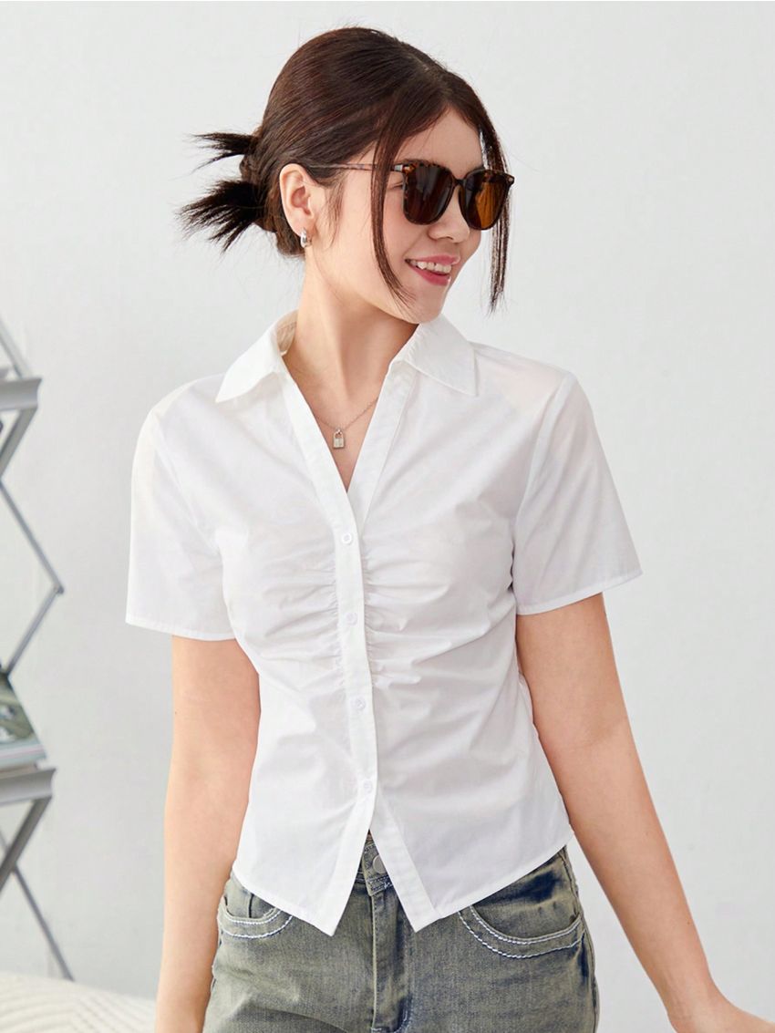 SHEIN Teen Girls' Solid Color Short Sleeve Casual Shirt With Pleated Front