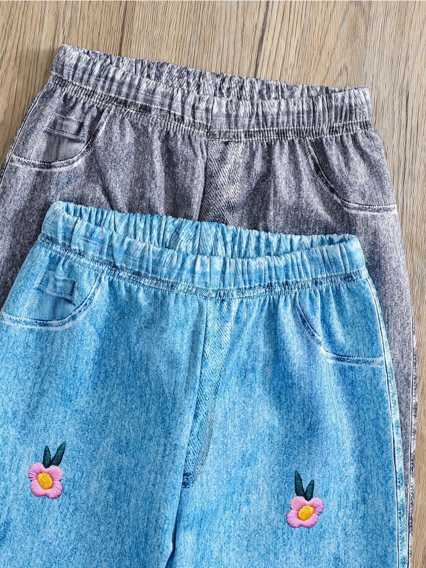 SHEIN Kids EVRYDAY Imitation Denim Digital Digital Printing Girls Bottoms Outdoor Sports Casual Girls Pants Autumn And Winter Children's Two-Piece Clothes