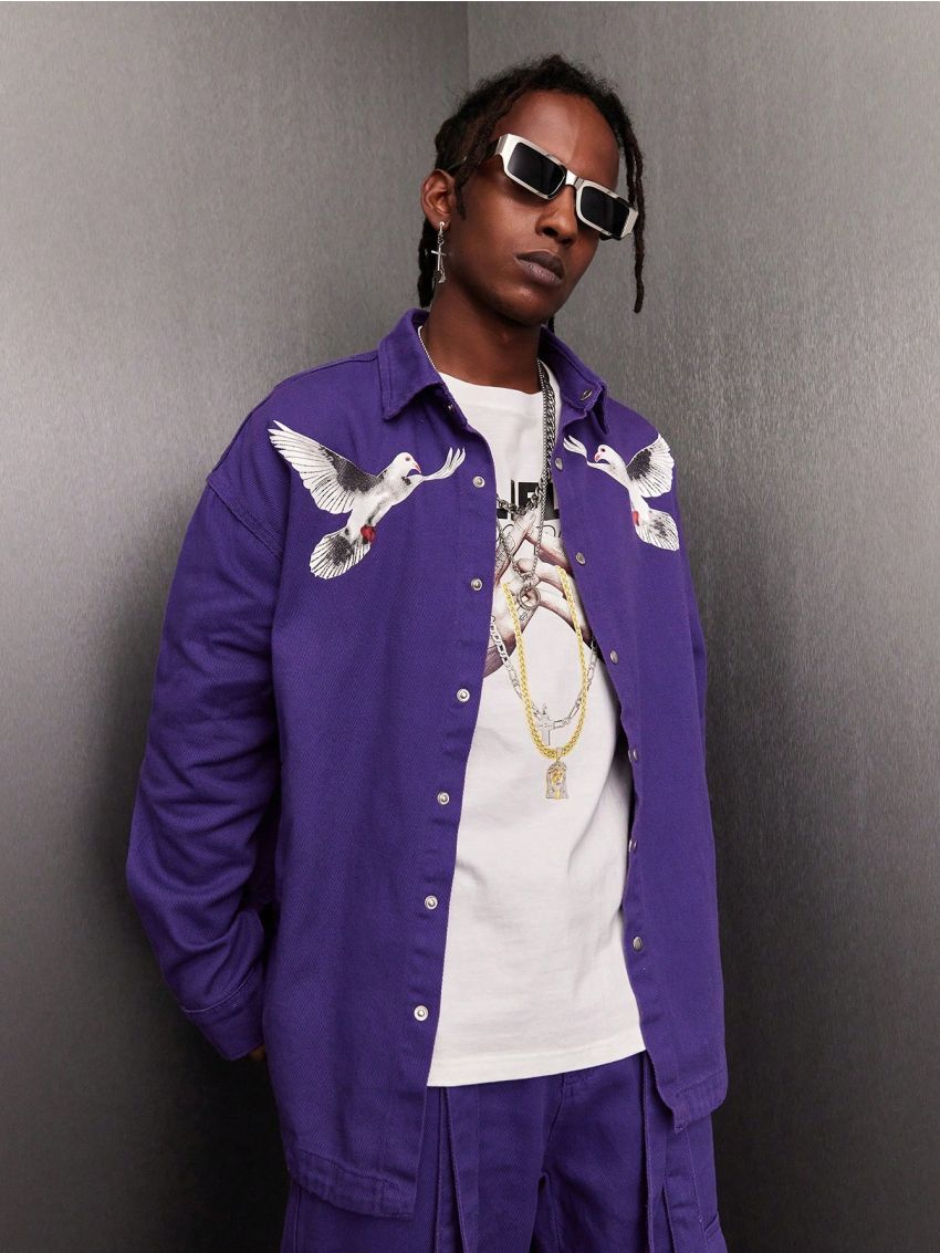 Men's Pigeon & Letter Printed Denim Shirt