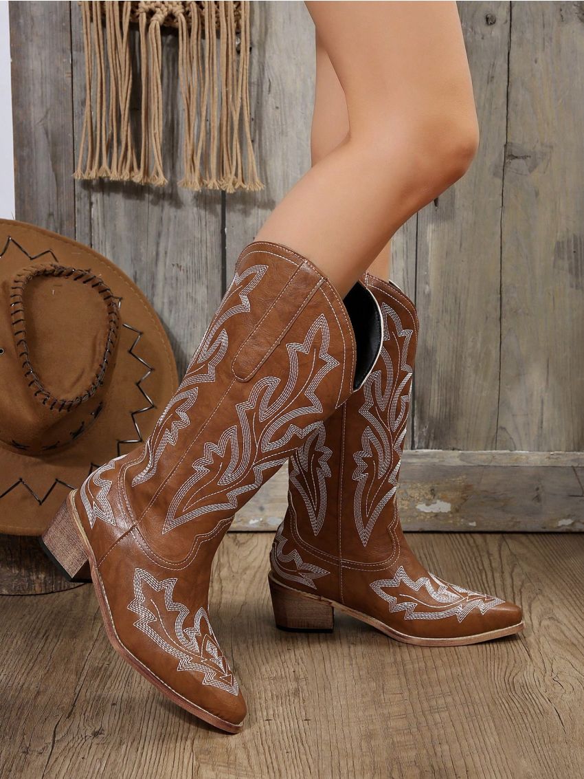 Fairycore Stitch Detail Chunky Heeled Western Boots