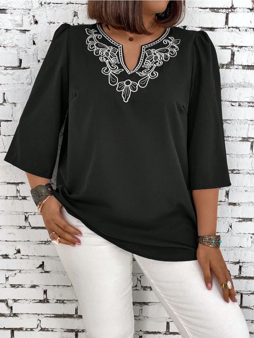Plus Size Floral Embroidery Patchwork Shirt With Notched Collar
