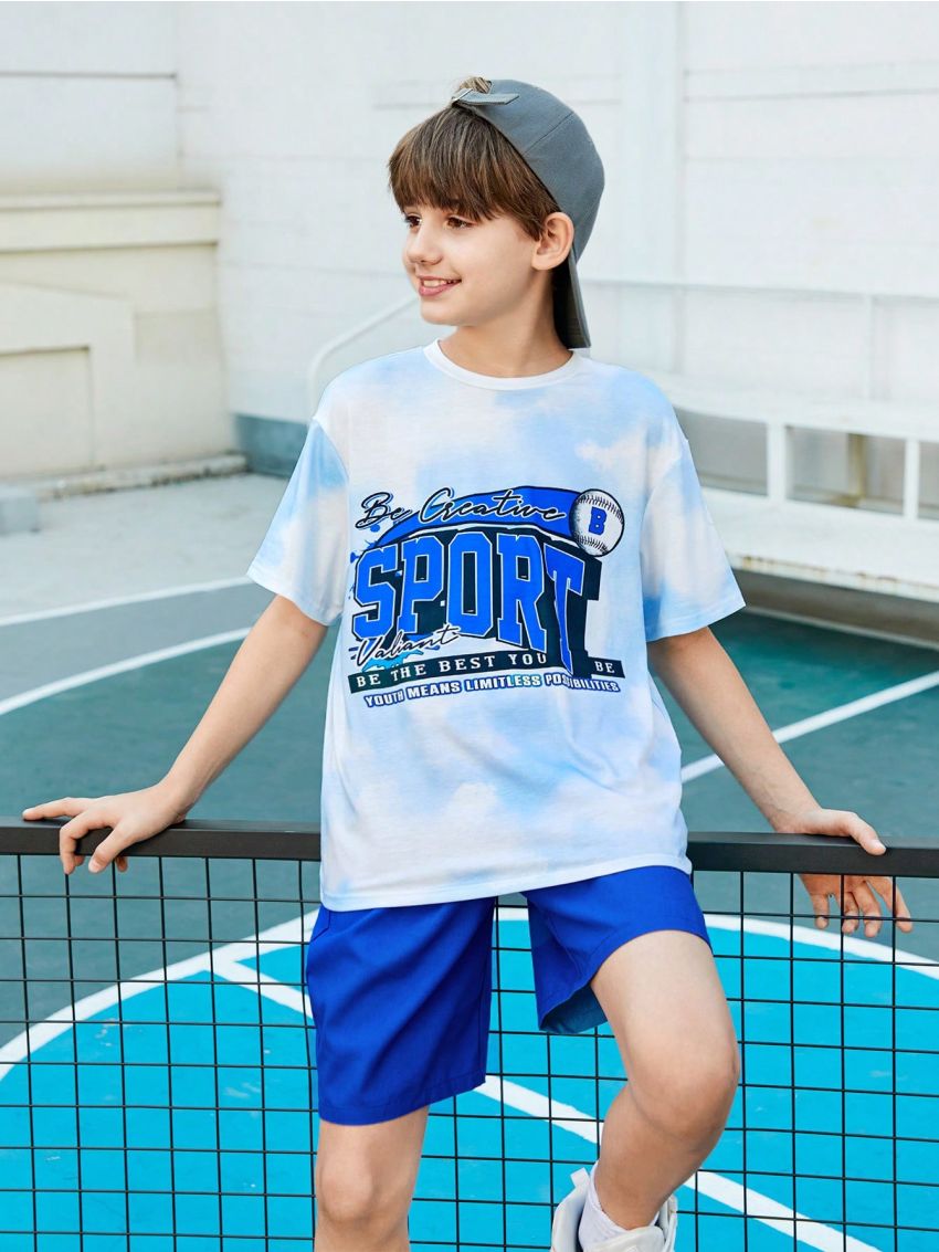 SHEIN Tween Boys' Loose Fit Casual Tie-Dye Slogan Print Round Neck Short Sleeve T-Shirt & Solid Color Shorts Set