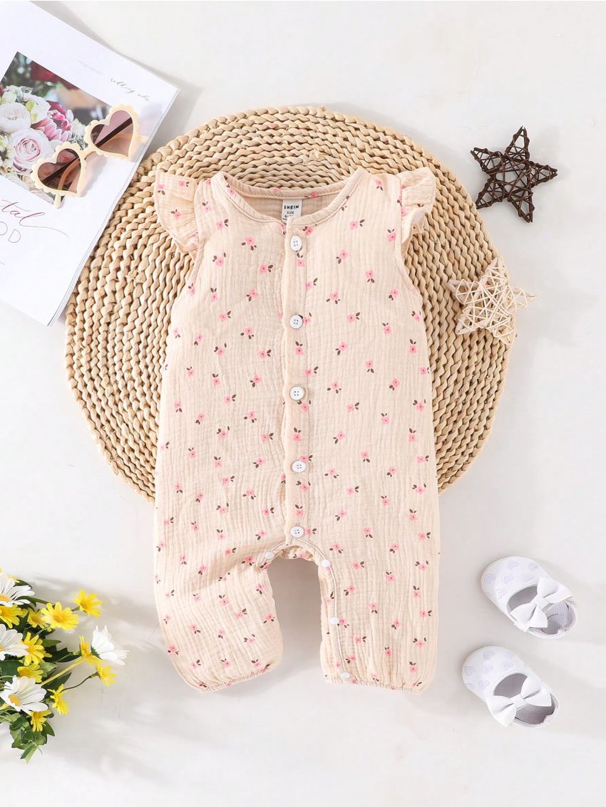 SHEIN Baby Girl Floral Printed Short Sleeve Romper Jumpsuit For Spring And Summer, Comfortable And Cute Leisure Style