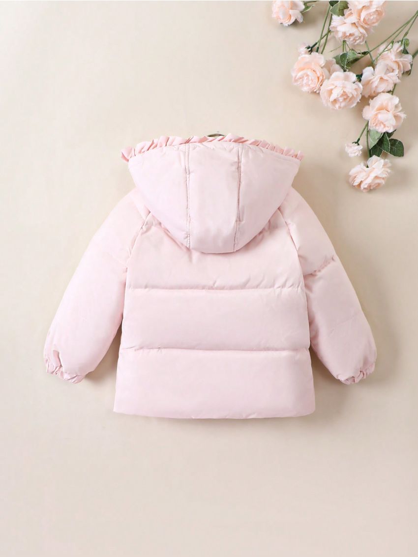 Young Girl Baby Letter Patched Detail Flap Pocket Raglan Sleeve Hooded Down Coat