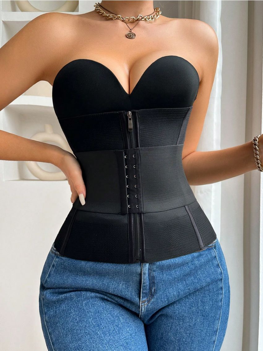 Solid Color Front Zipper & Hook Eye Waist Trainer