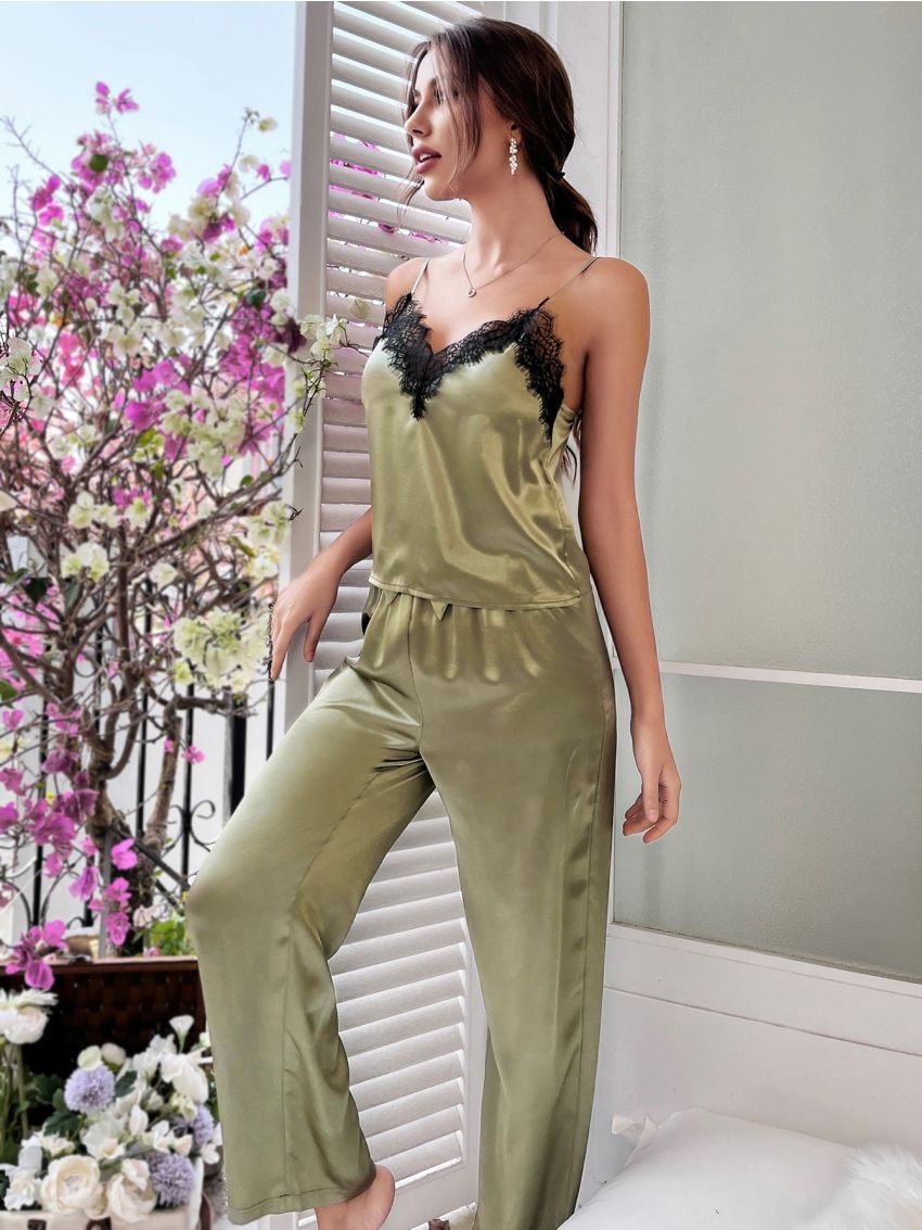 Eyelash Lace Trim Satin Cami Top & Knot Pants PJ Set