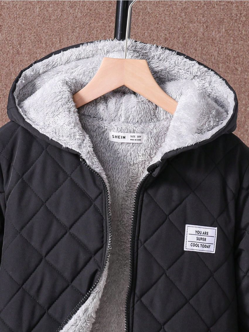 SHEIN Kids EVRYDAY Boys' Letter Print Hooded Fleece Lined Jacket For Children, Winter