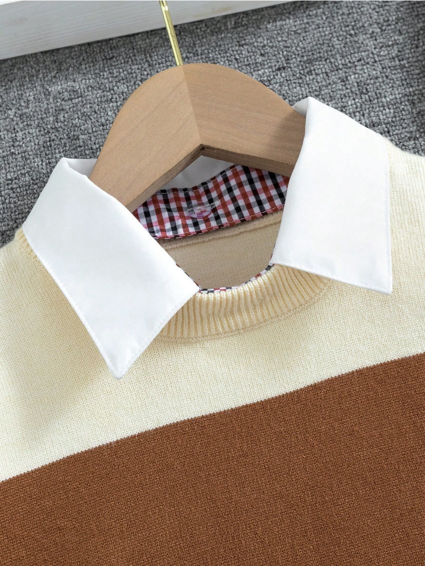 Toddler Boys' Head Pattern Sweater With Detachable Shirt Collar, Fall And Winter
