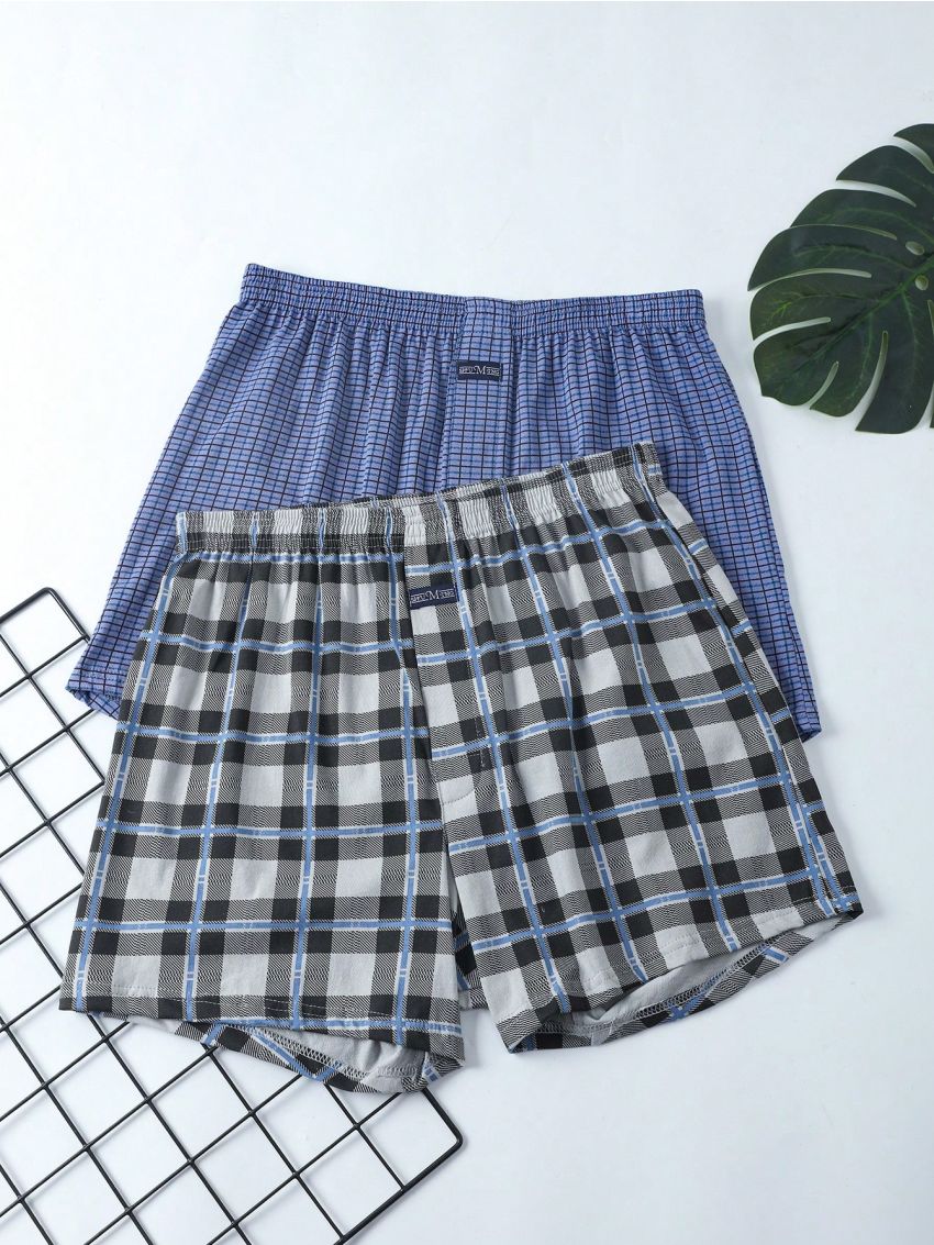 Arrow Pants Men'S Checkered Underwear Loose Boxer Briefs Large Size High Waist Summer Shorts Boxer Briefs (2-Piece Set)