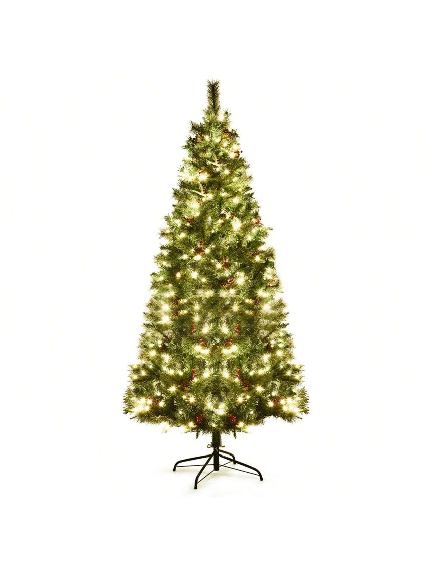 Gymax 7 ft Pre-lit Hinged Christmas Tree Holiday Decor w/ LED Lights Metal Stand