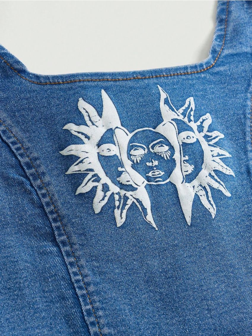 SHEIN Teen Girl Sun Print Curved Hem Denim Tank Top