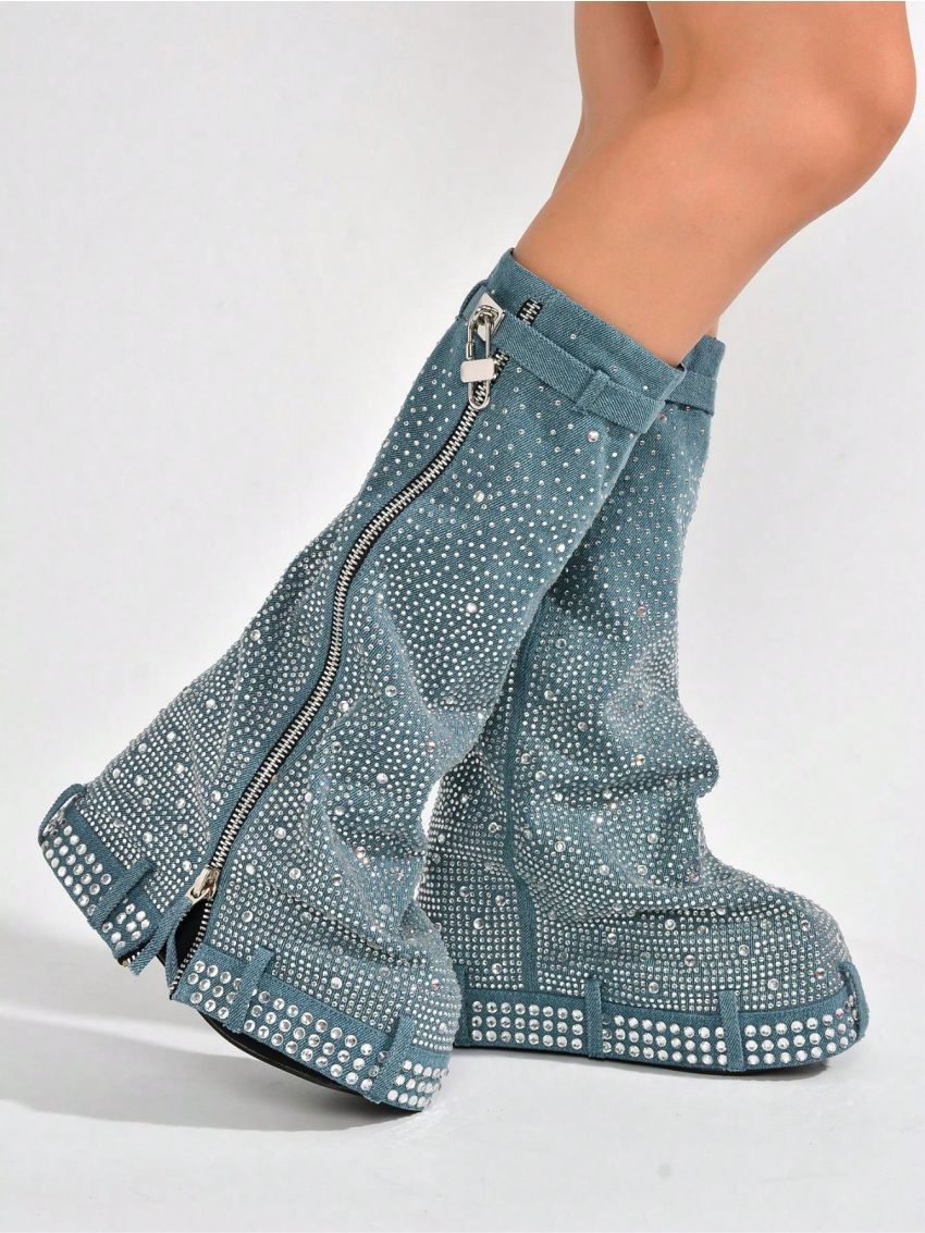 Kastel Denim Rhinestone Rainbow Platform Boots