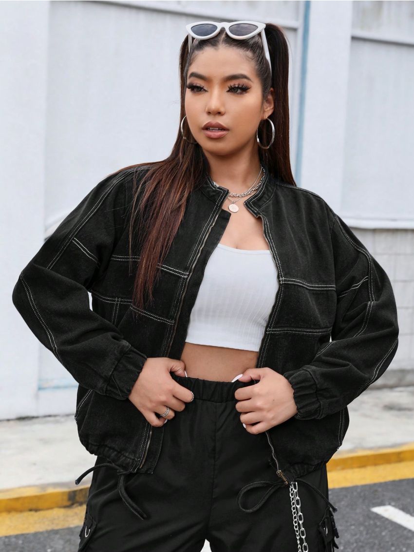 SHEIN ICON Plus Size Stand Collar Drawstring Denim Jacket