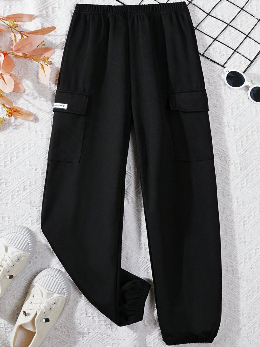 SHEIN Kids EVRYDAY Boys' Elastic Waist Side Stripe Cargo Pants With Flap Pockets