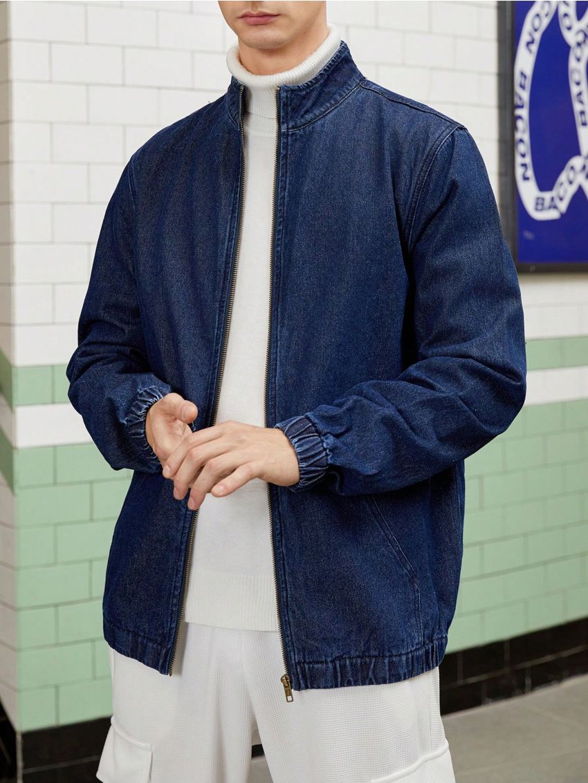 Manfinity Hypemode Men's Solid Color Half-high Collar Zipper Denim Jacket