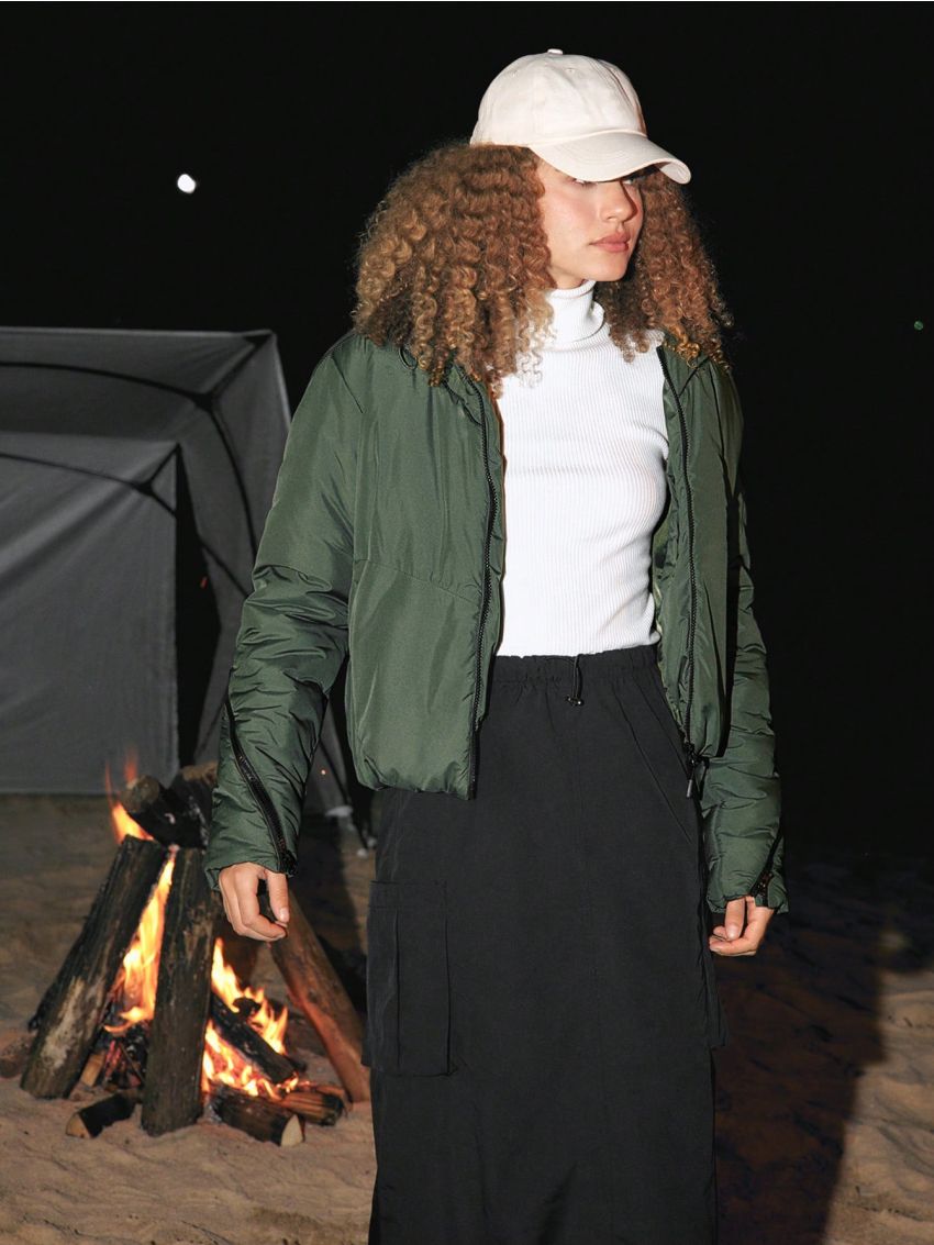 In My Nature Solid Zipper Up Drawstring Detail Puffer Coat