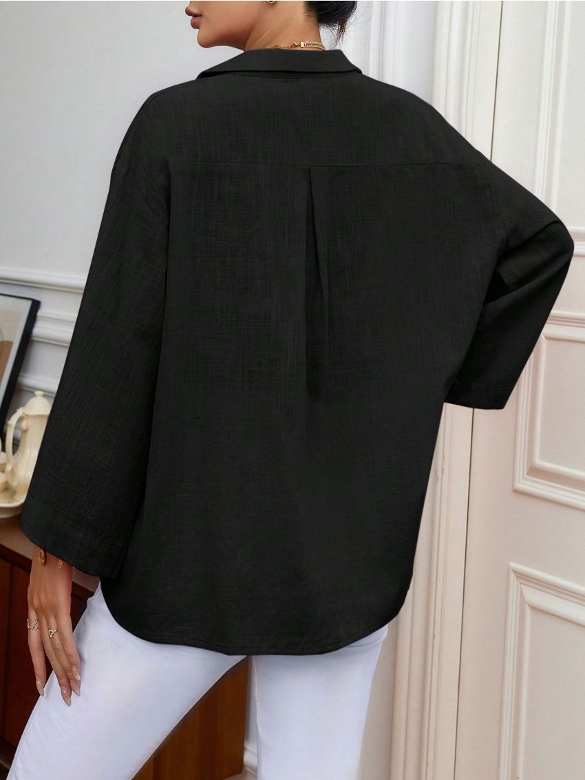 SHEIN Privé Solid Button Front Drop Shoulder Shirt