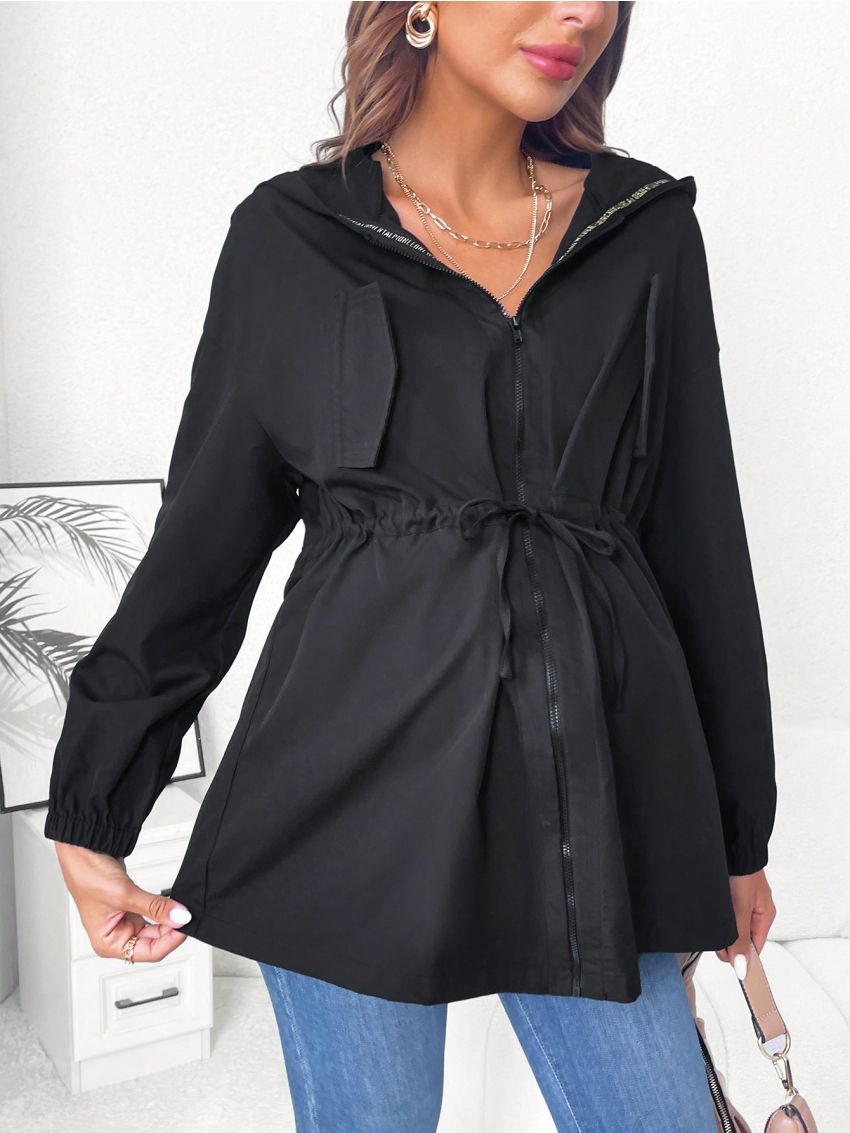 SHEIN Maternity Drawstring Waist Zip Up Hooded Coat
