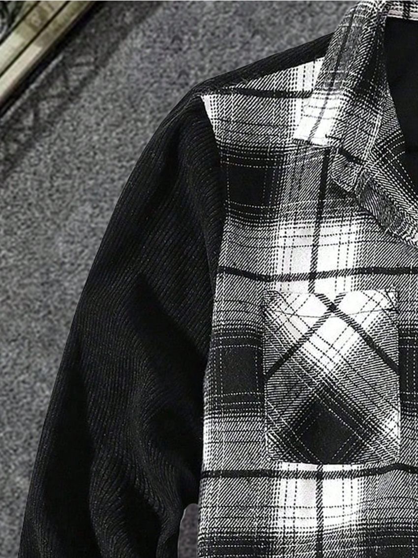 Extended Sizes Men Plus Plaid Print Pocket Patched Button Up Overcoat