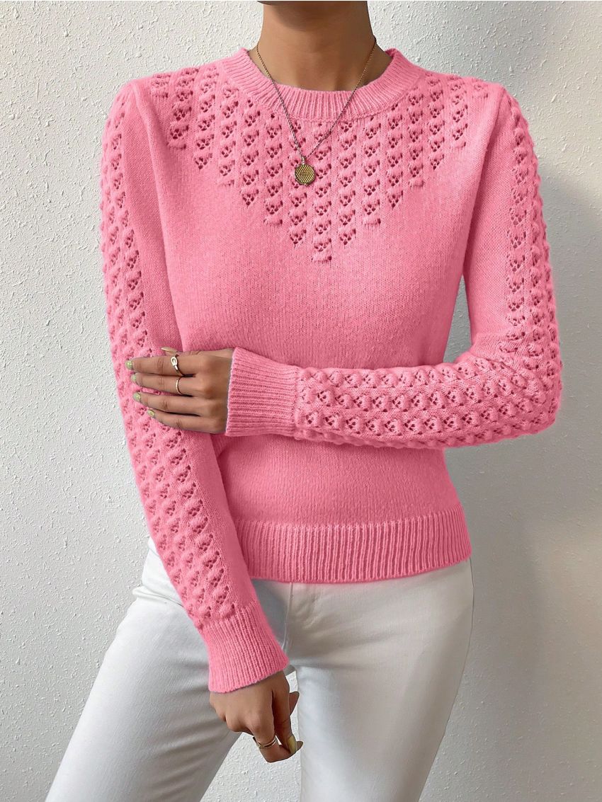 SHEIN LUNE Solid Pointelle Knit Sweater