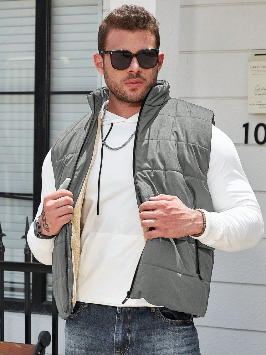 Manfinity Homme Men's Plus Size Sleeveless Hoodless Zipper Closure Warm Jacket In Grey