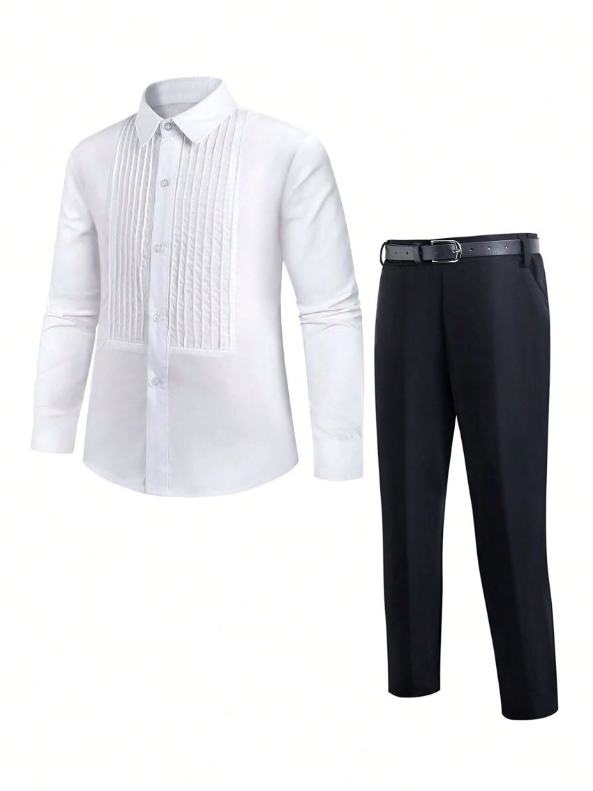 Boys' Solid Color Long Sleeve Dress Shirt Two-Piece Set For Spring, Performance, Show